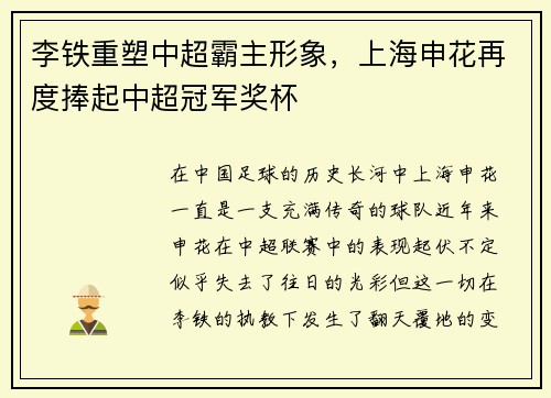 李铁重塑中超霸主形象，上海申花再度捧起中超冠军奖杯