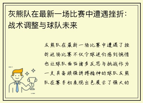 灰熊队在最新一场比赛中遭遇挫折：战术调整与球队未来